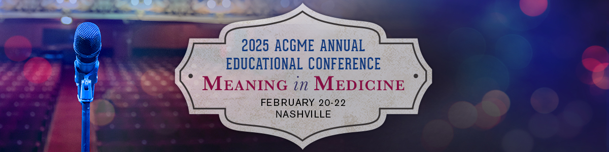 Microphone facing maroon auditorium seating with a cream-colored emblem over top the image with the following words on it: 2025 Annual Educational Conference Meaning in Medicine February 20-22, Nashville